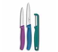 Victorinox Swiss Classic Juego de 3 Cuchillos para Tomate y Pelar | Versátil set con cuchillo de sierra para mesa, pelador universal y hoja de punta central para fruta o verdura.