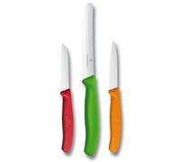 Victorinox Swiss Classic Juego de cuchillos de cocina, 3 piezas, Cuchillo mondador y cuchillo sierra para frutas, verduras, tomate, acero inoxidable, rojo/verde/naranja