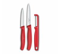Victorinox Swiss Classic Juego de navajas con pelador, cuchillo para pelar y cuchillo para tomates, 3 piezas, hoja extra afilada, Rojo