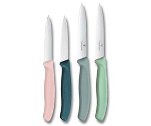 Victorinox Swiss Classic, set de cuchillos para tomates y verduras, 4 piezas, hoja afilada, 8 y 10 cm, borde dentado, acero inoxidable, colorido