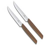 Victorinox Swiss Modern, juego de cuchillos profesionales para carne, 2 piezas, hoja extra afilada, filo dentado, 12 cm, elegante mango de madera, acero inoxidable, marrón