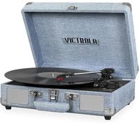 Victrola Journey - Tocadiscos portátil de maleta con Bluetooth, altavoces integrados, reproductor de discos de vinilo de 3 velocidades, salida RCA, conector para auriculares (lino azul mezclilla claro