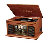 Victrola Nostalgic - Reproductor de discos Bluetooth 7 en 1 y centro multimedia con altavoces integrados, tocadiscos de 3 velocidades, reproductor de CD y casete, radio AM/FM, transmisión inalámbrica