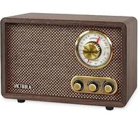 Victrola Radio Bluetooth de madera retro con altavoces integrados, diseño elegante y vintage, esfera giratoria de sintonización AM/FM, transmisión inalámbrica, espresso