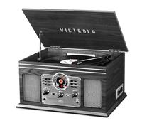 Victrola The Quincy - Reproductor de discos Bluetooth 6 en 1 y centro multimedia con altavoces integrados, tocadiscos de 3 velocidades, reproductor de CD y casete, radio AM/FM, transmisión inalámbrica