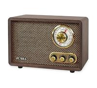 Victrola Radio Bluetooth de madera retro con altavoces integrados, diseño elegante y vintage, esfera giratoria de sintonización AM/FM, transmisión inalámbrica, espresso
