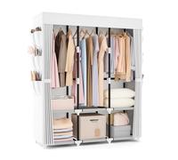 Vicye Armario de Ropa, Armario de Tela, armarios con Tapa, 3 Barras para Colgar, 6 estantes de Almacenamiento y Bolsillos Laterales, Tubo de Metal de 19 mm de diámetro, para Dormitorio, Blanco