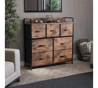 Vida Designs Chorley - Cómoda de 7 cajones de tela con parte superior de madera, marco de metal y asas, ideal para dormitorio, sala de estar, guardería, color marrón rústico (certificado UKFR)