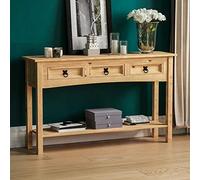 Vida Designs Rectangular Mesa consola Corona, 3 cajones con estante para almacenamiento adicional, madera maciza de pino, dimensiones (largo x ancho) 124 x 35 x 73 cm