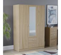 Vida Designs Riano - Armario grande con espejo de 3 puertas con estante y barra para colgar, espacioso almacenamiento y organizador de ropa, acabado de pino