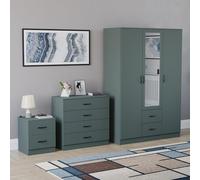 Vida Designs Riano - Juego de dormitorio de 3 piezas (1 mesita de noche, 4 cajones, armario con espejo de 3 puertas y 2 Drwr), verde (5) (verde, con mesita de noche de 2 cajones)