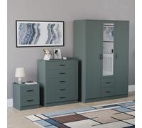 Vida Designs Riano - Juego de dormitorio de 3 piezas (1 mesita de noche, 5 cajones, armario con espejo de 3 puertas y 2 Drwr), verde (5) (verde, con mesita de noche de 2 cajones)