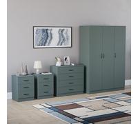 Vida Designs Riano - Juego de dormitorio de 4 piezas (1 cajón, cómoda de 4 cajones, armario de 3 puertas), verde (6) (verde, con mesita de noche de 3 cajones (x2))