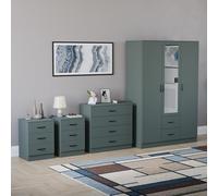 Vida Designs Riano - Juego de dormitorio de 4 piezas (mesita de noche de 1 cajón, cómoda de 4 cajones, armario con espejo de 3 puertas y 2 cajones), verde (6) (verde, con mesita de noche de 3 cajones