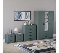 Vida Designs Riano - Juego de dormitorio de 4 piezas (mesita de noche de 1 cajón, cómoda de 5 cajones, armario con espejo de 3 puertas y 2 cajones), verde (6) (verde, con mesita de noche de 2 cajones