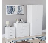 Vida Designs Riano - Juego de muebles de dormitorio de 3 piezas, mesita de noche de 3 cajones, cómoda de 4 cajones, armario de 2 puertas, color blanco