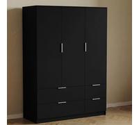 Vida Designs Trega Armario de 3 puertas y 4 cajones | Negro | Mueble de dormitorio moderno | 170 x 108 x 54 cm | Con estante de almacenamiento y barra para colgar | Almacenamiento de gran capacidad