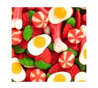 VIDAL Fantasía Mix bolsa de 1Kg aprox 157 uds compuesto por las chuches clásicas fresas silvestres, dedos, huesos, huevos fritos y besos twist. sabor Fresa,nata y frambuesa sin gluten sin grasa sabor