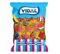 Vidal Golosinas. Arañas Azúcar. Gominolas con forma de araña y cobertura de azúcar. Sabores limón, cola, fresa y naranja. Sin gluten ni grasa. Bolsa 250 u