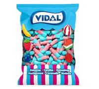 Vidal Golosinas. Botellas Tutti. Caramelo de goma sabor tutti frutti y cobertura pica. Colores azul y rosa. Bolsa de 250 piezas.