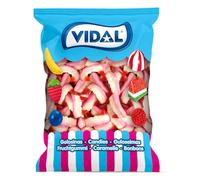 Vidal Golosinas. Colmillos de Vampiro. Golosina con forma de colmillos de vampiro con increíble sabor fresa nata. Color rosa, blanco y rojo. Sin Gluten. Sin Grasa. Bolsa de 250 unidades.