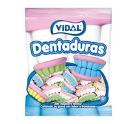 Vidal Golosinas. Dentaduras. Las originales en colores blanco, azul, verde y amarillo. Caramelo de goma con forma de dentadura, sin gluten ni grasa. Bolsa 250 u