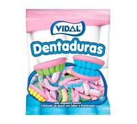 Vidal Golosinas. Dentaduras Pica Originales. Gominolas en forma de dentadura sabor frambuesa con cobertura ácida. Colores blanco, azul, verde, amarillo y rosa. Sin gluten ni grasa. Bolsa 250 u