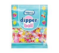 Vidal Golosinas Dipper Ball. Caramelo blando relleno de golosina líquida. Deliciosos sabores frutales: fresa, cereza, limón y naranja. Bolsa 900 gr.