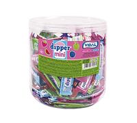 Vidal Golosinas Dipper Mini. Caramelo Blando Masticable sabores surtidos Frambuesa, Fresa, Sandía y Manzana. Colores azul, rosa, rojo y verde. Tarro de 250 unidades.