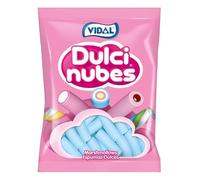 Vidal Golosinas. Dulcinubes. Nubes de chuche esponjosas y blanditas sabor frambuesa. Color azul. Sin Gluten. Sin Grasa. Bolsa con 125 unidades.