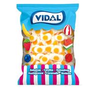 Vidal Golosinas. Huevos Fritos Brillo. Gominolas en forma de huevo frito con sabor a nata y textura esponjosa. Color blanco con yema amarilla brillante. Sin gluten ni grasa. Bolsa 167 u