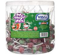 Vidal Golosinas. Palipica Sandia. Caramelo con palo sabor sandía con pica. Color rojo y verde. Formato de 200 Uds.