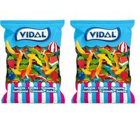 Vidal Golosinas. Tiburones Jelly. Golosinas en forma de tiburón con sabor fresa y textura gelatina. Colores surtidos: azul, verde, rojo, naranja y amarillo. Sin gluten ni grasa. Bolsa 1 kg