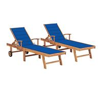 Tumbonas 2 unidades madera maciza de teca con cojín azul royal
