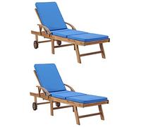 vidaXL 2X Madera Maciza Teca Tumbonas con Cojines Cama Silla Muebles Asiento al Aire Libre Playa Tomar Sol Exterior Jardín Patio Terraza Azul