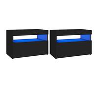 vidaXL 2X Mesita de Noche Contrachapada y Luces LED Aparador Auxiliar Armario Cama Dormitorio Habitación Organizador Almacenamiento Negro 60x35x40 cm