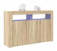vidaXL Moderno aparador de roble Sonoma con iluminación LED tres puertas giratorias robustas Ingenieurl madera elegante marrón para sala de estar y comedor uso muebles armarios de almacenamiento