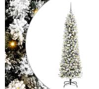 vidaXL Árbol de Navidad Slim en Forma de Cono de 210 cm con Leds y Bolas Blancas/Grises, Luces LED Ambientes con Alimentación USB, PVC Blanco, Acero, Incluye Nieve Artificial para Decoración Interior