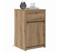 vidaXL Mesita de Noche de Madera de Roble Hecha a Mano con Textura, Luz LED, Ideal para el Dormitorio, con Cajón y Estantes, Almacenamiento Compacto, Muebles Modernos, Lámpara de Noche