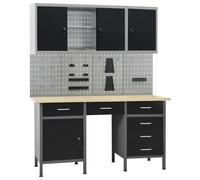 vidaXL Banco de Trabajo con Cuatro Paneles de Pared y Dos Armarios Garaje Superficie Grande Herramientas de Trabajo Mesa Estación Plataforma Estable
