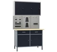 vidaXL Banco de trabajo con tres paneles de pared y armario, superficie grande y plataforma estable