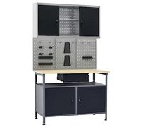 vidaXL Banco de trabajo con tres paneles de pared y armario – Superficie grande, estable