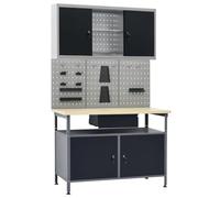 vidaXL Banco de Trabajo con Tres Paneles de Pared y Un Armario Garaje Herramientas de Trabajo Mesa Superficie Grande Estación Plataforma Estable