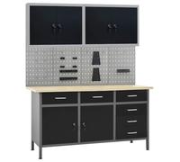 vidaXL Banco de Trabajo Cuatro Paneles de Pared y Dos Armarios Garaje Taller Herramientas Almacenamiento Plataforma Reparación Cajones Accesorios