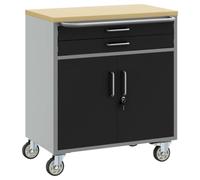 vidaXL Banco de trabajo industrial compacto con 2 cajones de acero negro y gris a base de madera Ruedas bloqueables para facilitar la movilidad, lugar de trabajo ideal para organización de