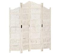 vidaXL Biombo 4 Paneles Tallado a Mano Divisor Pantalla Separador Dormitorio Salón Oficina Despacho Sala de Estar Decoración Blanco Madera Mango
