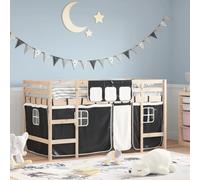 vidaXL Cama Alta Niños con Cortinas, Cama Nido, Mueble de Dormitorio, Litera para Niños Mayores de 6 Años, Madera de Pino Blanco Negro 90x200 cm