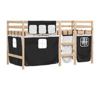 vidaXL Cama alta niños con cortinas madera pino blanco negro 90x200 cm, cama alta, cama nido individual, cama litera individual, cama nido