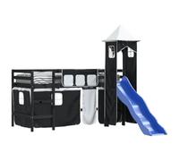 vidaXL Cama Alta Niños con Torre, Estructura de Cama, Mueble de Dormitorio, Litera para Niños Mayores de 6 Años, Madera Pino Blanco Negro 90x190 cm