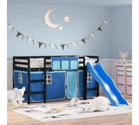 vidaXL Cama Alta para Niños con Cortinas, Estructura de Cama, Mueble de Dormitorio, Litera para Niños Mayores de 6 Años, Madera Pino Azul 80x200 cm